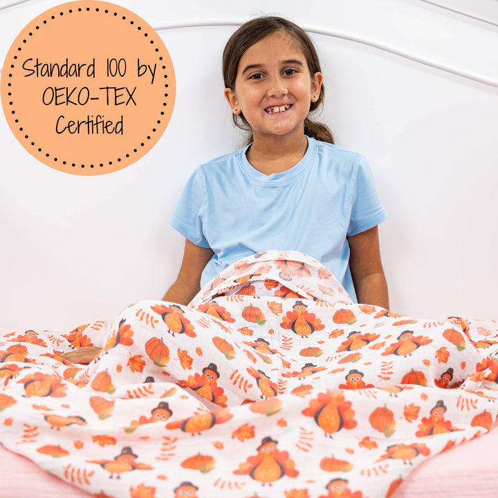 Little Gobbler Turkey Fall Holiday Baby Muslin Blanket