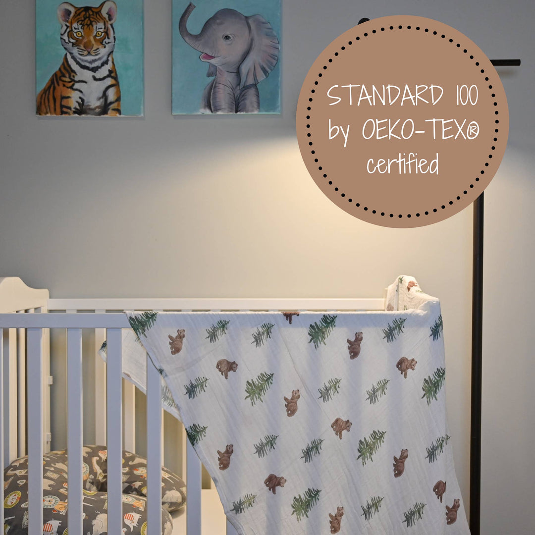 Bear Cub and Evergreen Trees Muslin Swaddle Baby Blanket