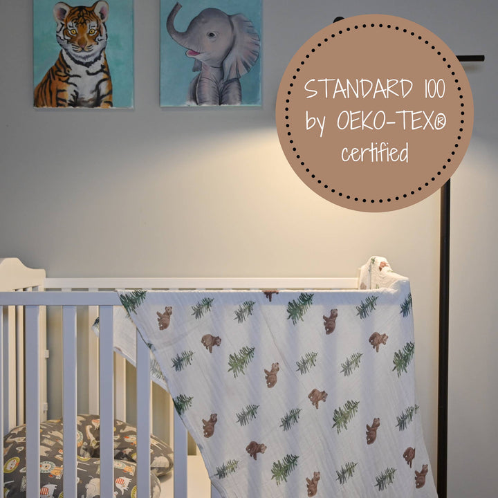 Bear Cub and Evergreen Trees Muslin Swaddle Baby Blanket