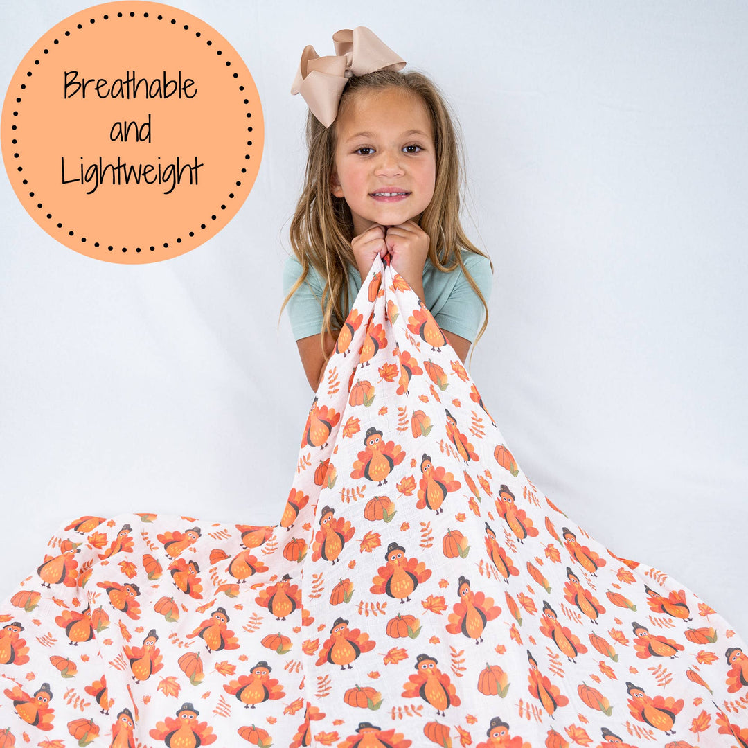 Little Gobbler Turkey Fall Holiday Baby Muslin Blanket