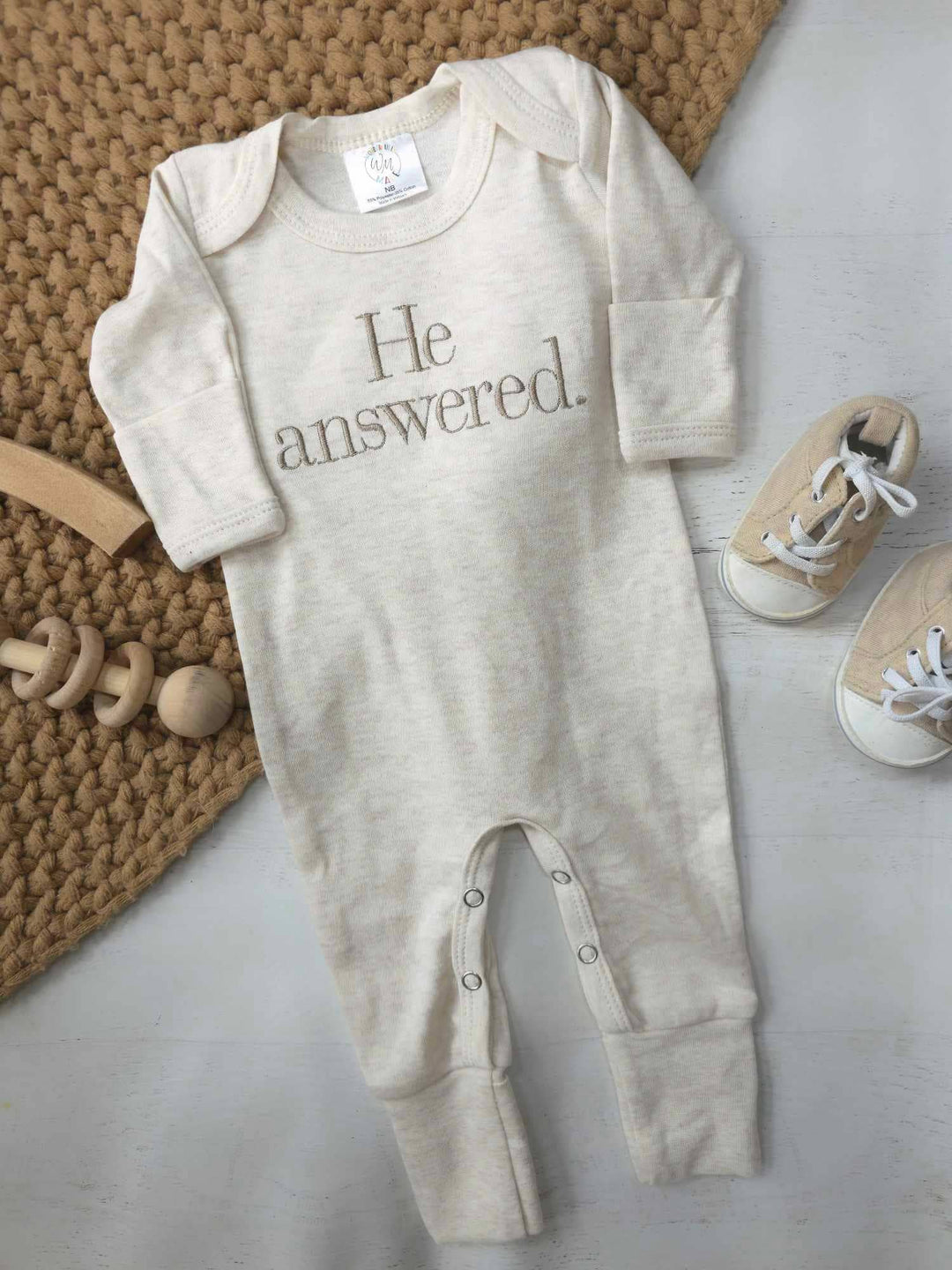 “He Answered” Embroidered Onesie – Oatmeal Heather