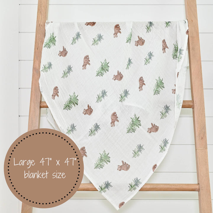Bear Cub and Evergreen Trees Muslin Swaddle Baby Blanket