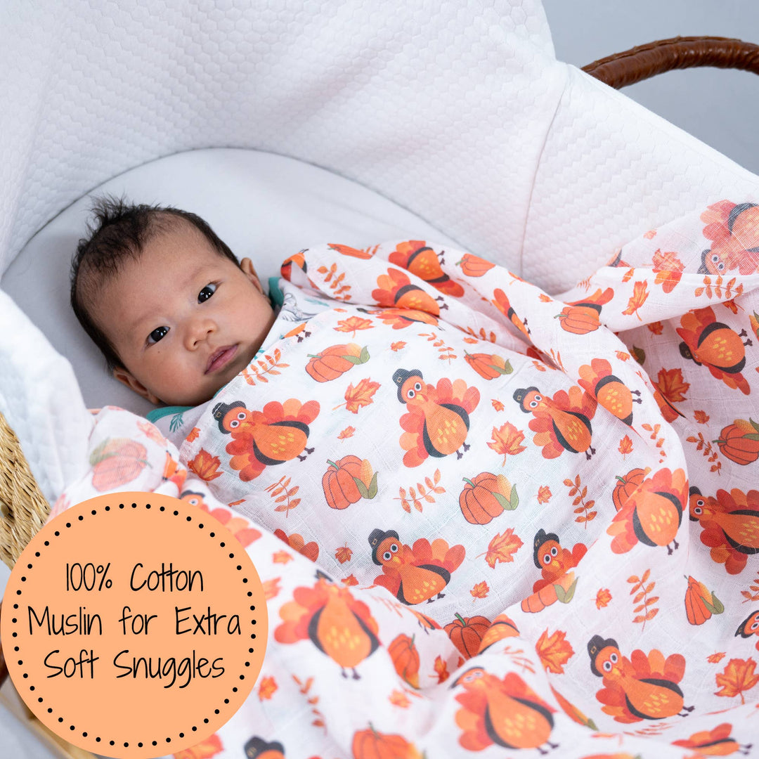 Little Gobbler Turkey Fall Holiday Baby Muslin Blanket