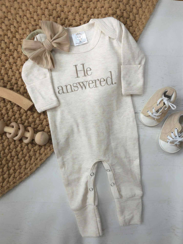 “He Answered” Embroidered Onesie – Oatmeal Heather