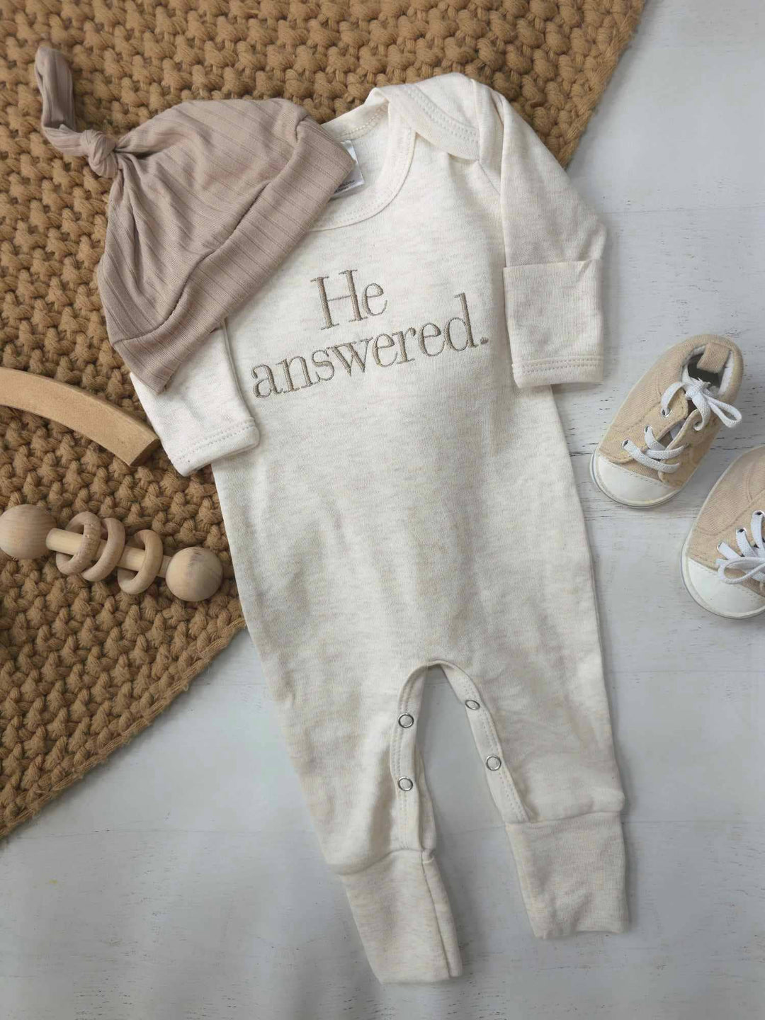 “He Answered” Embroidered Onesie – Oatmeal Heather
