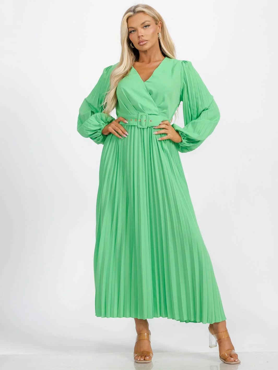 Emerald Elegance Pleated Belted Maxi Dress – Milk & Honey