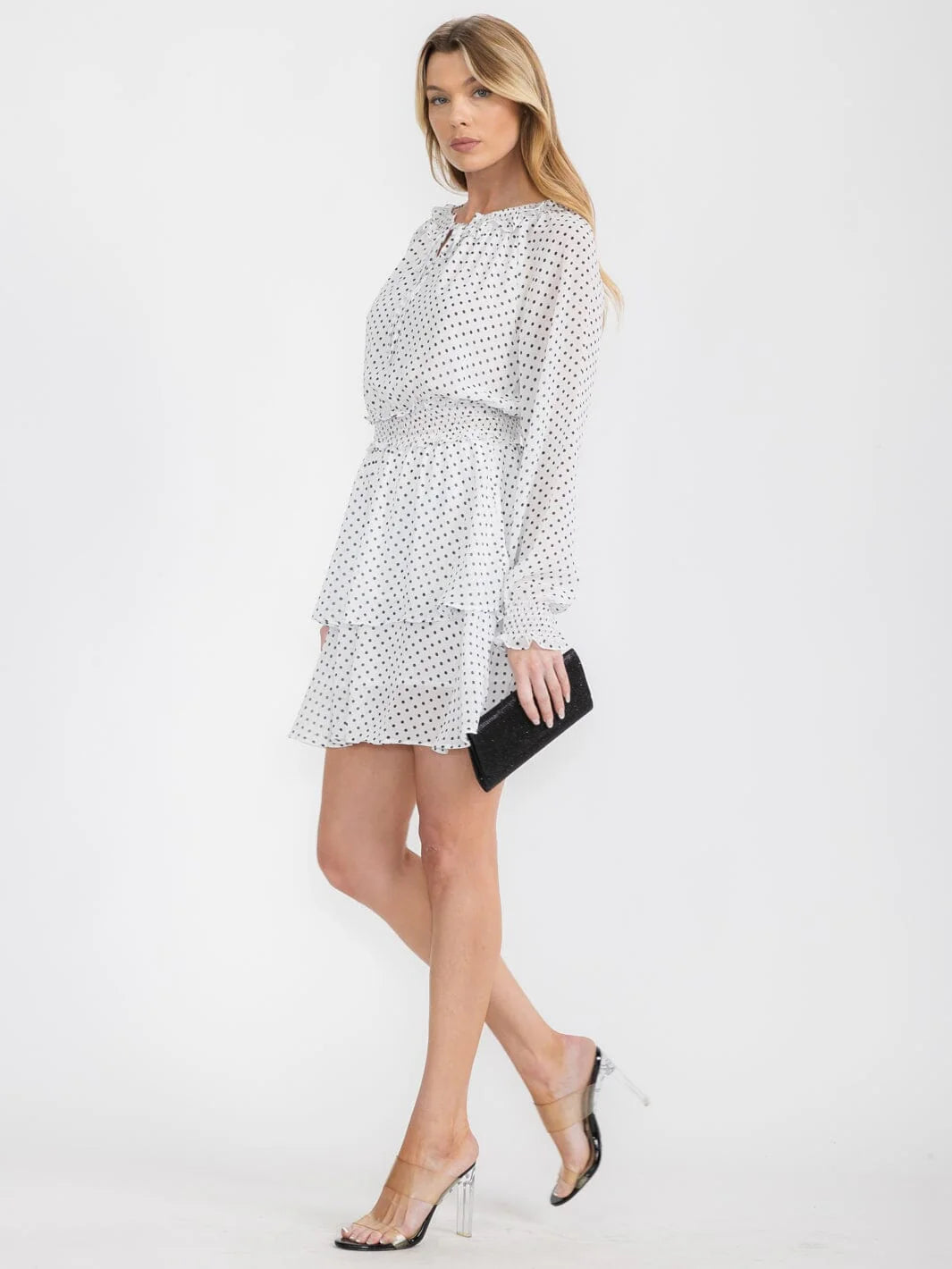 Macaron Swiss Dot Ruffle Neck Mini Dress – White with Black Polka Dots