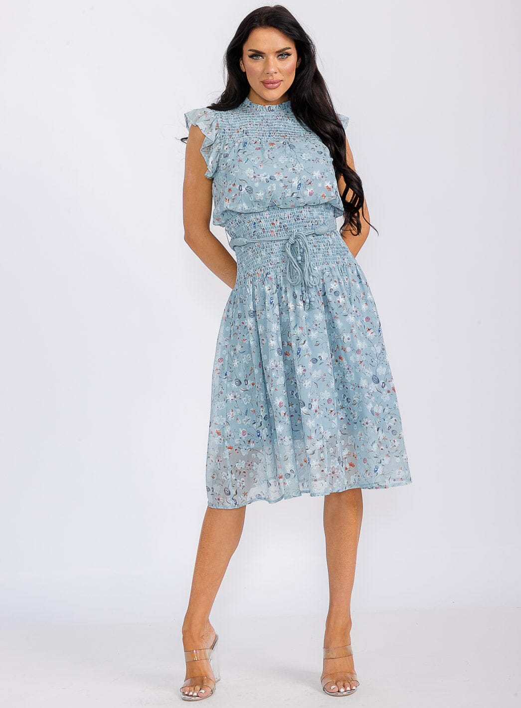 The Clothing Company Flutter Sleeve Smocked Floral Midi Dress – Mist Garden Print
