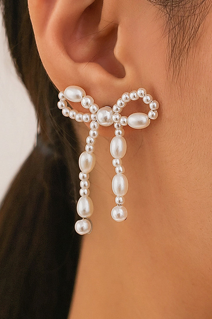 White Faux Pearl Beaded Bows Pierced Earrings