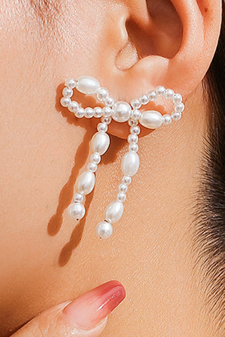 White Faux Pearl Beaded Bows Pierced Earrings