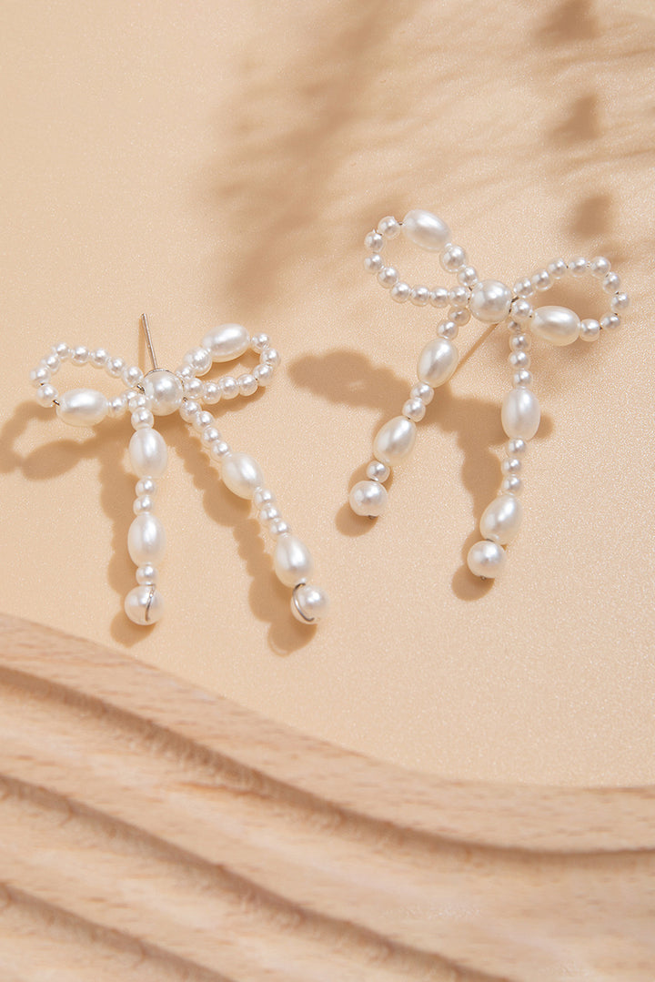 White Faux Pearl Beaded Bows Pierced Earrings
