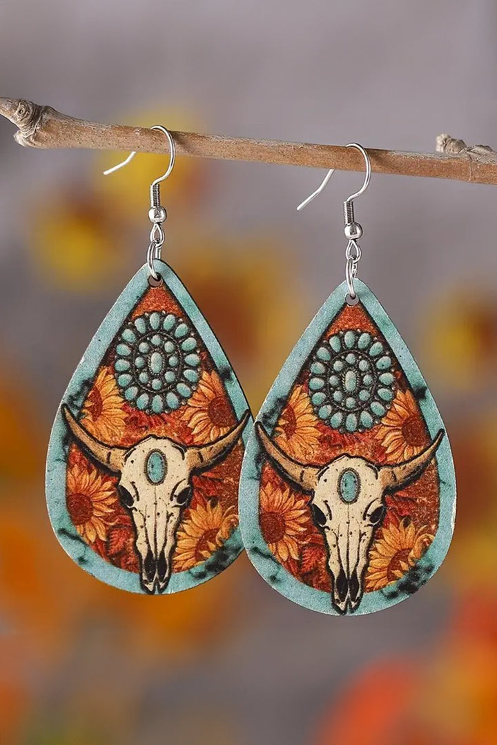 Western Cow Skull Wooden Drop Earrings