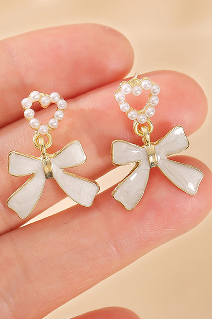 Gold Tone Faux Pearl Heart and White Enamel Bow Pendant Pierced Earrings