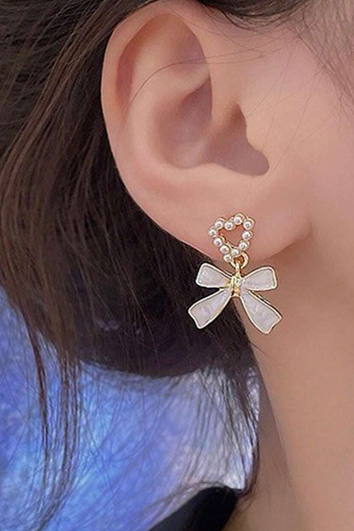 Gold Tone Faux Pearl Heart and White Enamel Bow Pendant Pierced Earrings