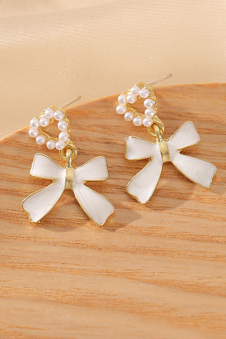 Gold Tone Faux Pearl Heart and White Enamel Bow Pendant Pierced Earrings
