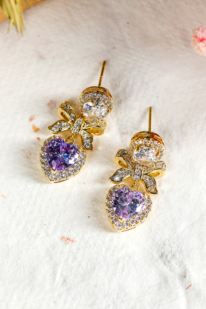 Gold Plated Rhinestone Bows & Faux Purple Heart Gemstone Sparkly Dangle Pierced Earrings