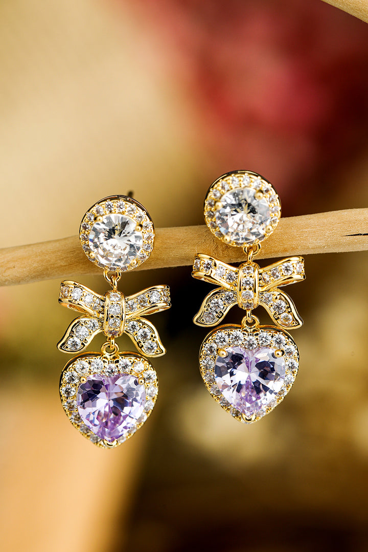 Gold Plated Rhinestone Bows & Faux Purple Heart Gemstone Sparkly Dangle Pierced Earrings