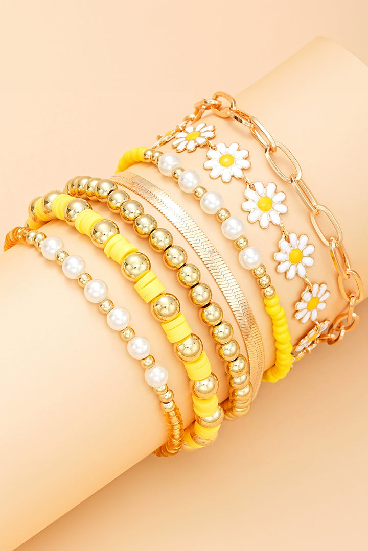 Gold Tone and Yellow Daisy Beaded Adjustable Multi Layer Bracelet Set: 6 Piece