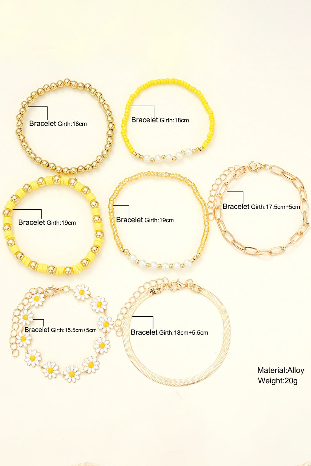 Gold Tone and Yellow Daisy Beaded Adjustable Multi Layer Bracelet Set: 6 Piece