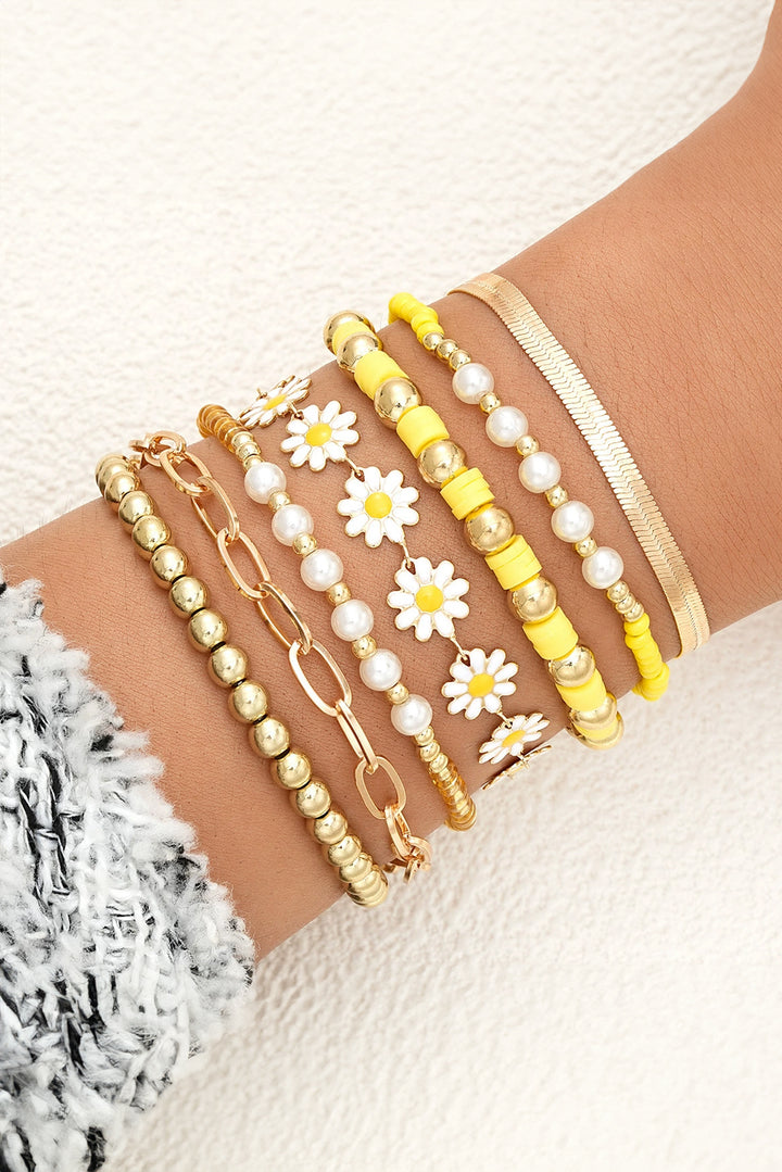 Gold Tone and Yellow Daisy Beaded Adjustable Multi Layer Bracelet Set: 6 Piece