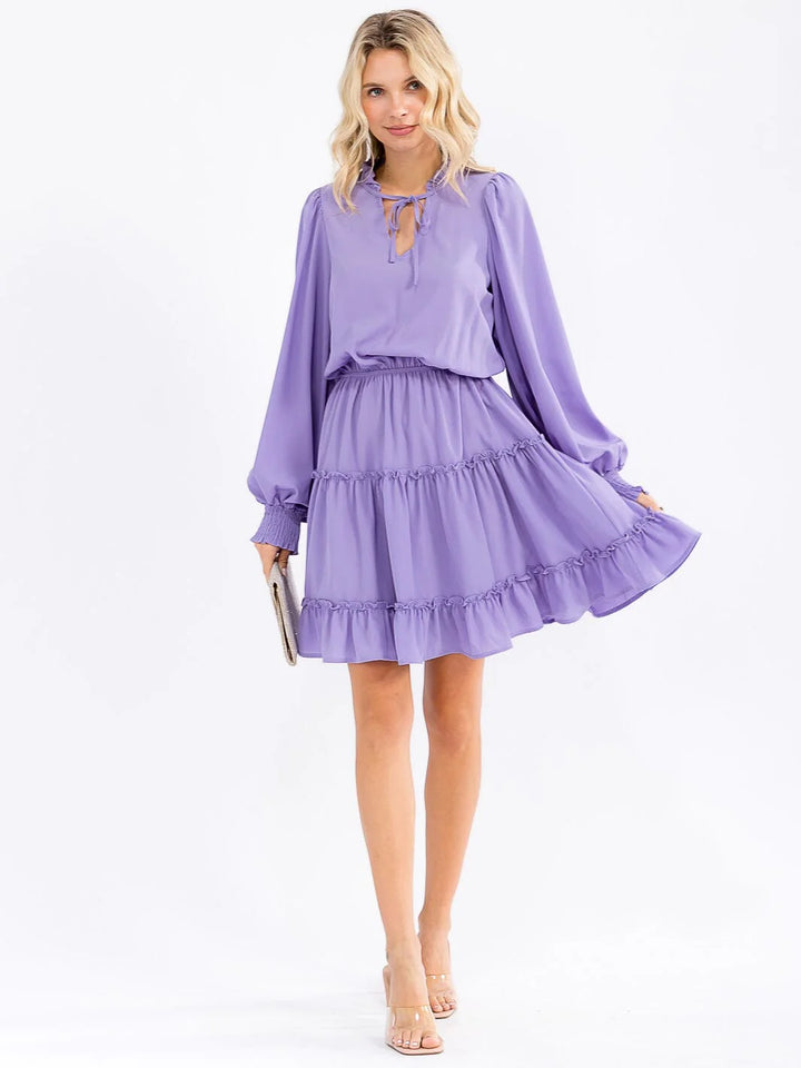 Vine & Love Lavender Chiffon Tiered Dress with Smocked Waist