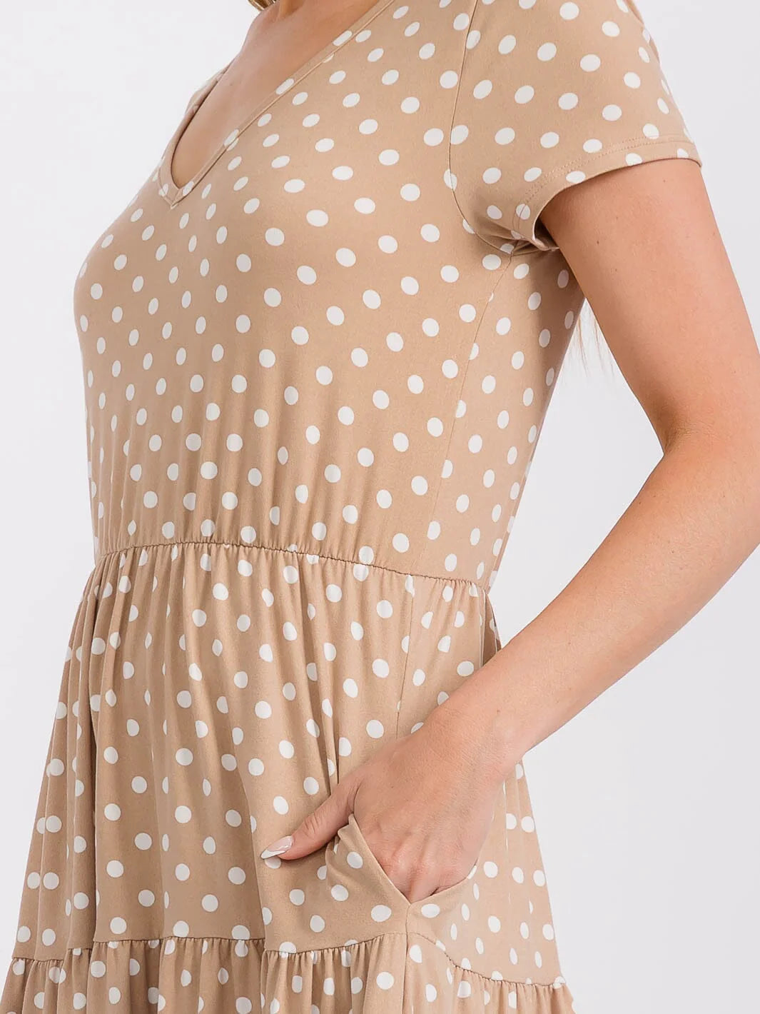 Les Amis Tan Polka Dot Tiered Midi Dress with Pockets