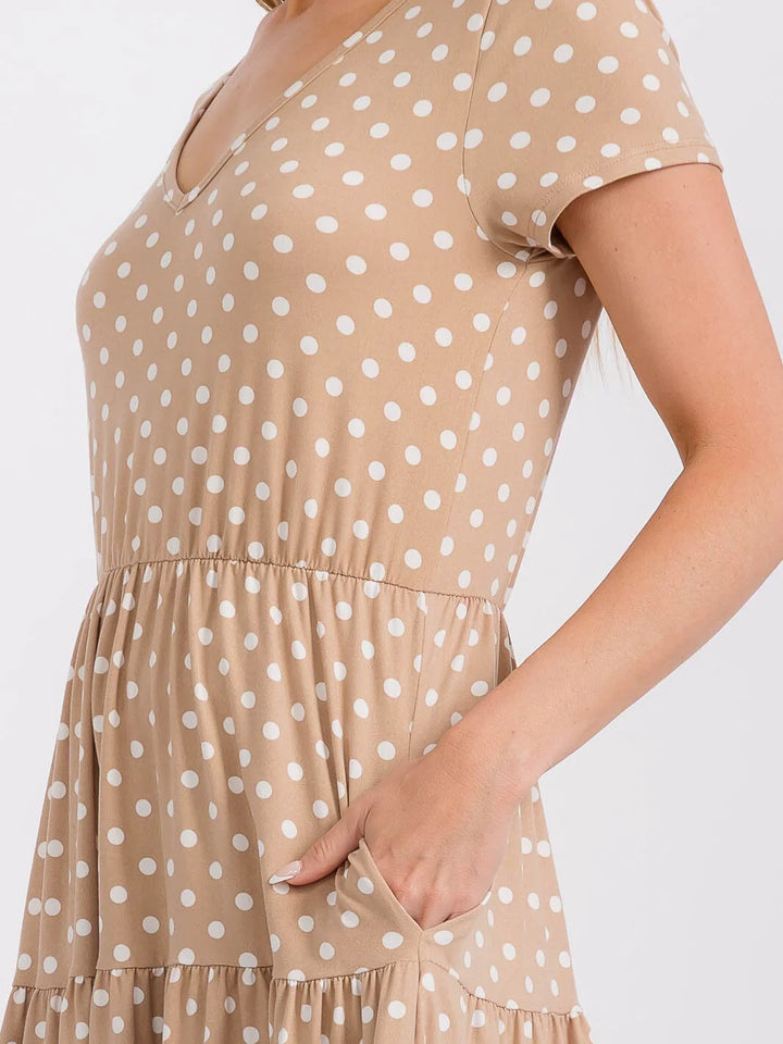 Les Amis Tan Polka Dot Tiered Midi Dress with Pockets