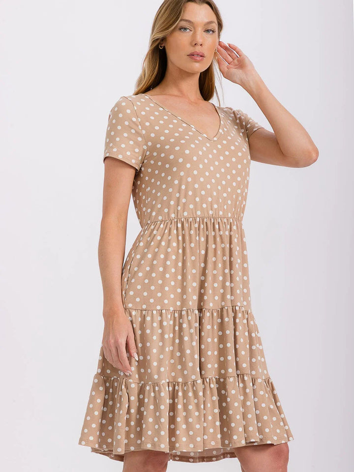 Les Amis Tan Polka Dot Tiered Midi Dress with Pockets
