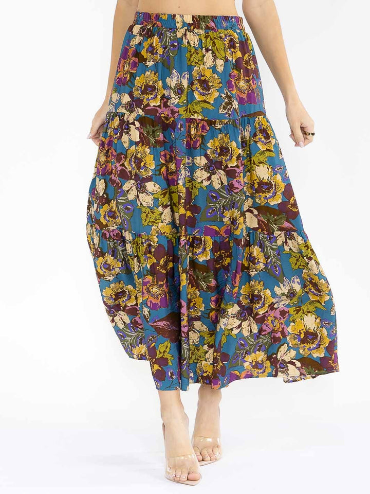 Les Amis Boho Floral Tiered Maxi Skirt – Teal Wildflower Print