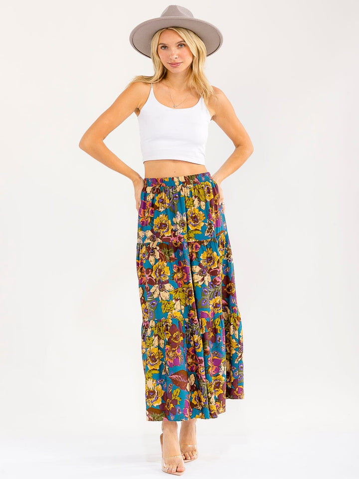 Les Amis Boho Floral Tiered Maxi Skirt – Teal Wildflower Print