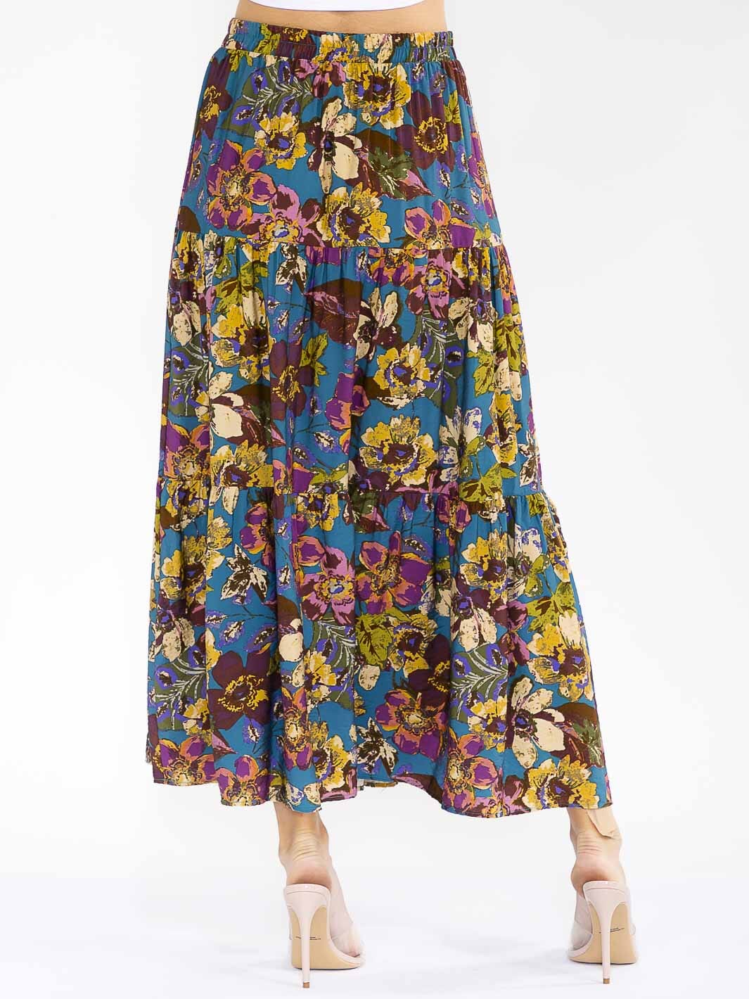 Les Amis Boho Floral Tiered Maxi Skirt – Teal Wildflower Print