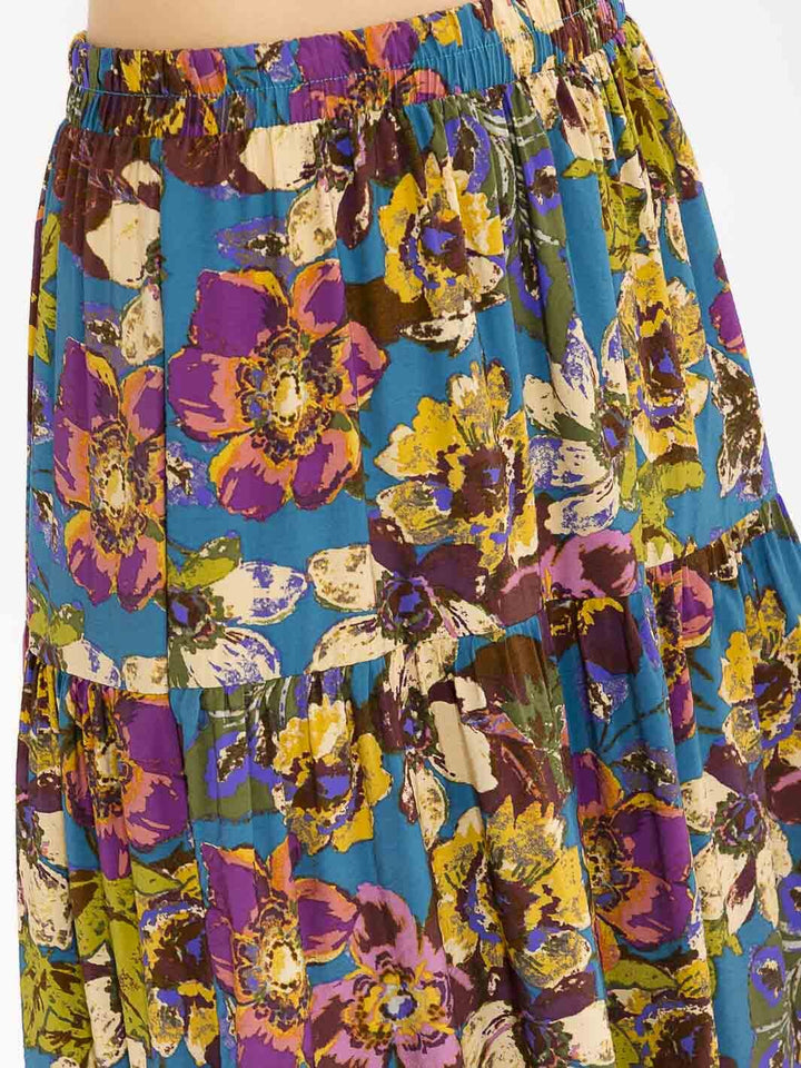 Les Amis Boho Floral Tiered Maxi Skirt – Teal Wildflower Print