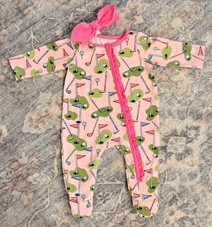 Little Caddie Cozy Zip Romper + Bow Set (Pink Golf Print)