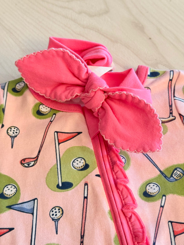 Little Caddie Cozy Zip Romper + Bow Set (Pink Golf Print)