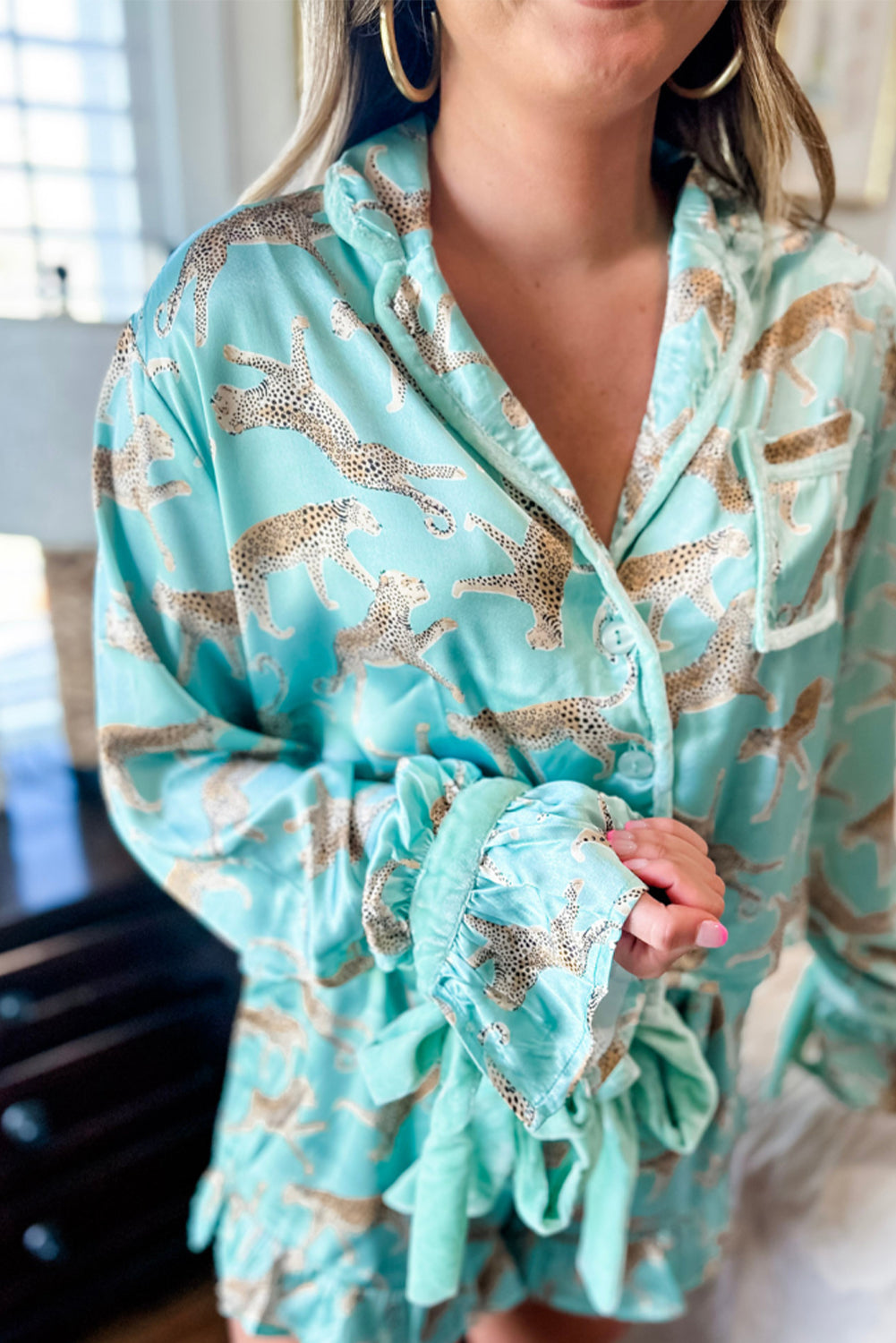 ✨Wildly Dreamy Satin Pajama Set – Mint Leopard Lounge Shorts & Top✨