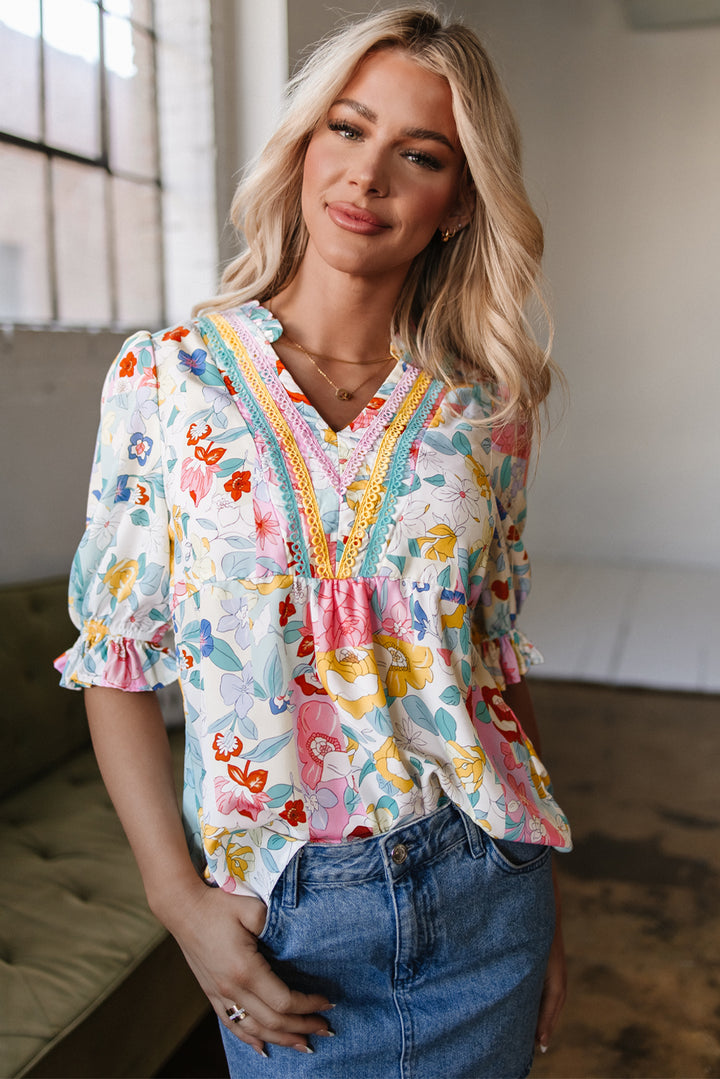 🌸 Confetti Garden Crochet-Trim Blouse