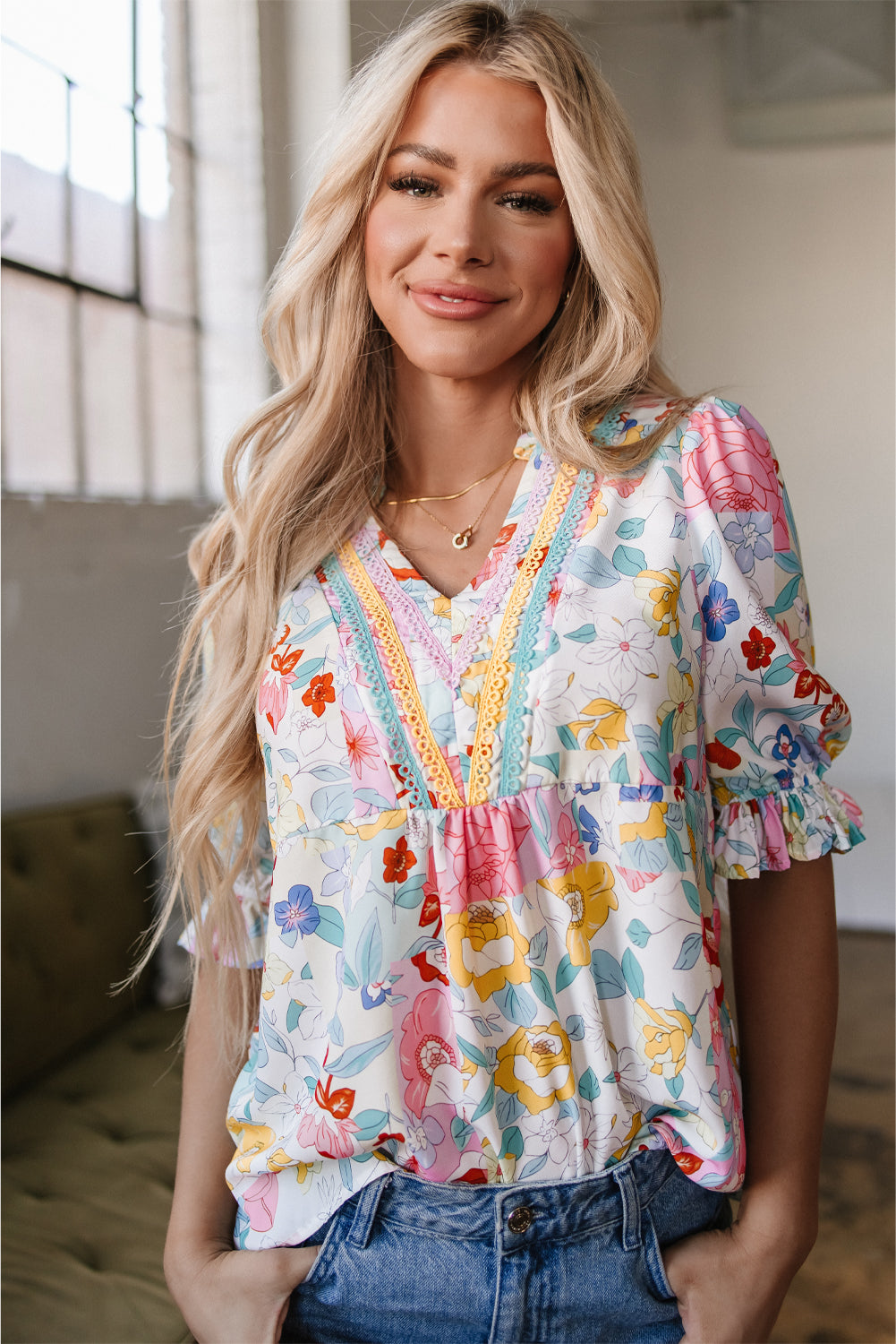 🌸 Confetti Garden Crochet-Trim Blouse