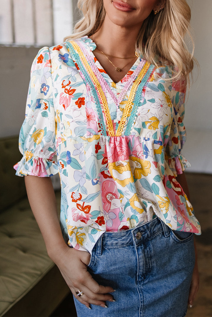 🌸 Confetti Garden Crochet-Trim Blouse