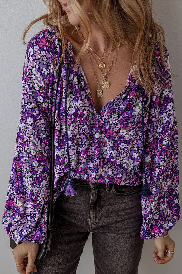 Violet Bloom Boho Blouse – Floral Flare &amp; Luxe Draping
