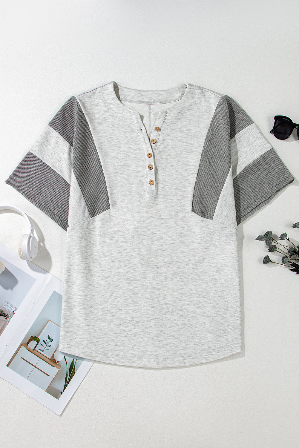 Two Tone Gray Waffle Knit Patched Buttoned V Neck Top