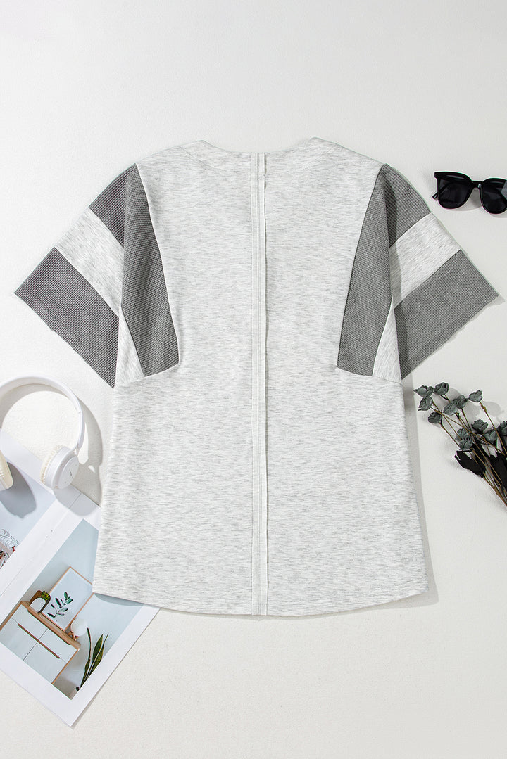 Two Tone Gray Waffle Knit Patched Buttoned V Neck Top