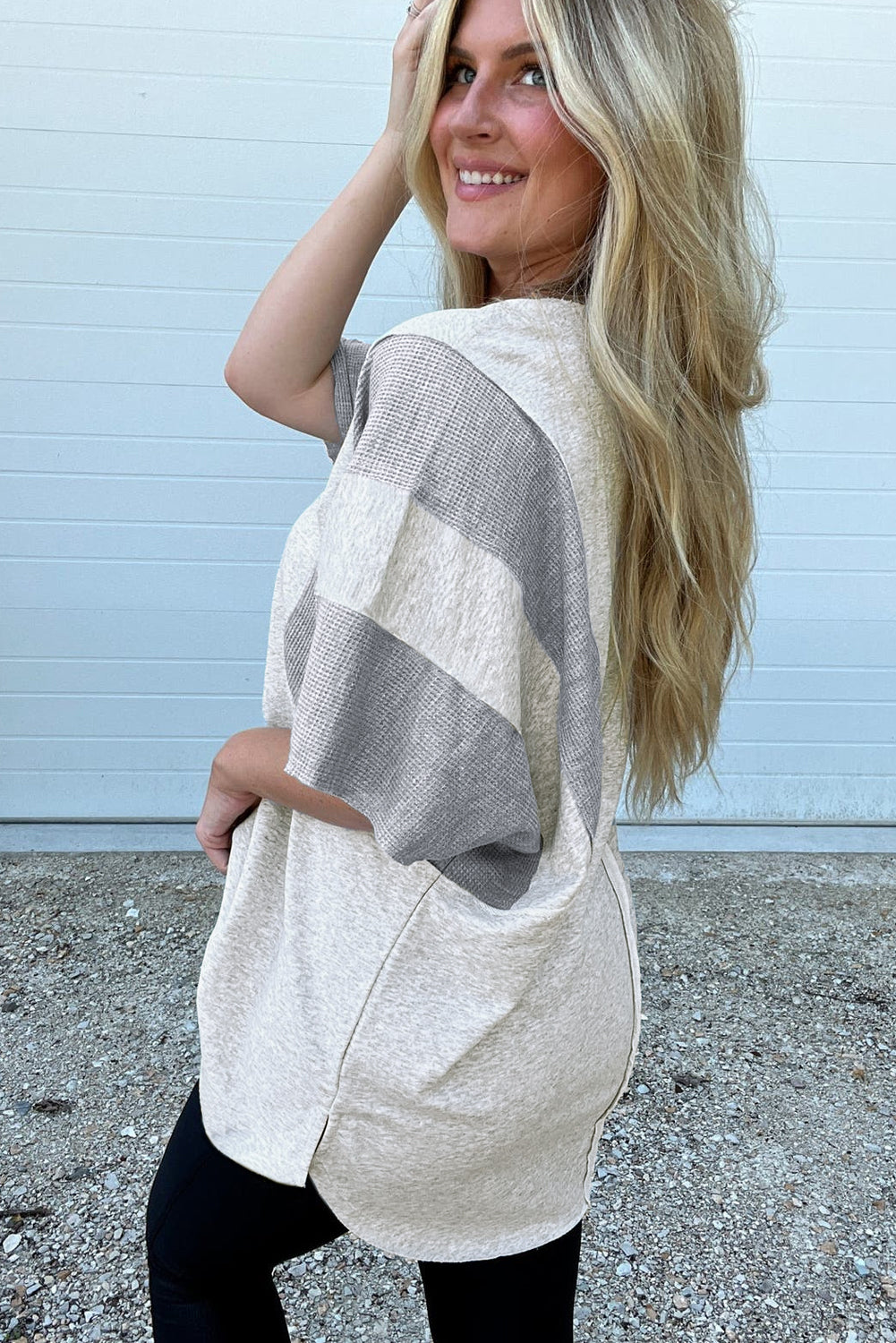 Two Tone Gray Waffle Knit Patched Buttoned V Neck Top