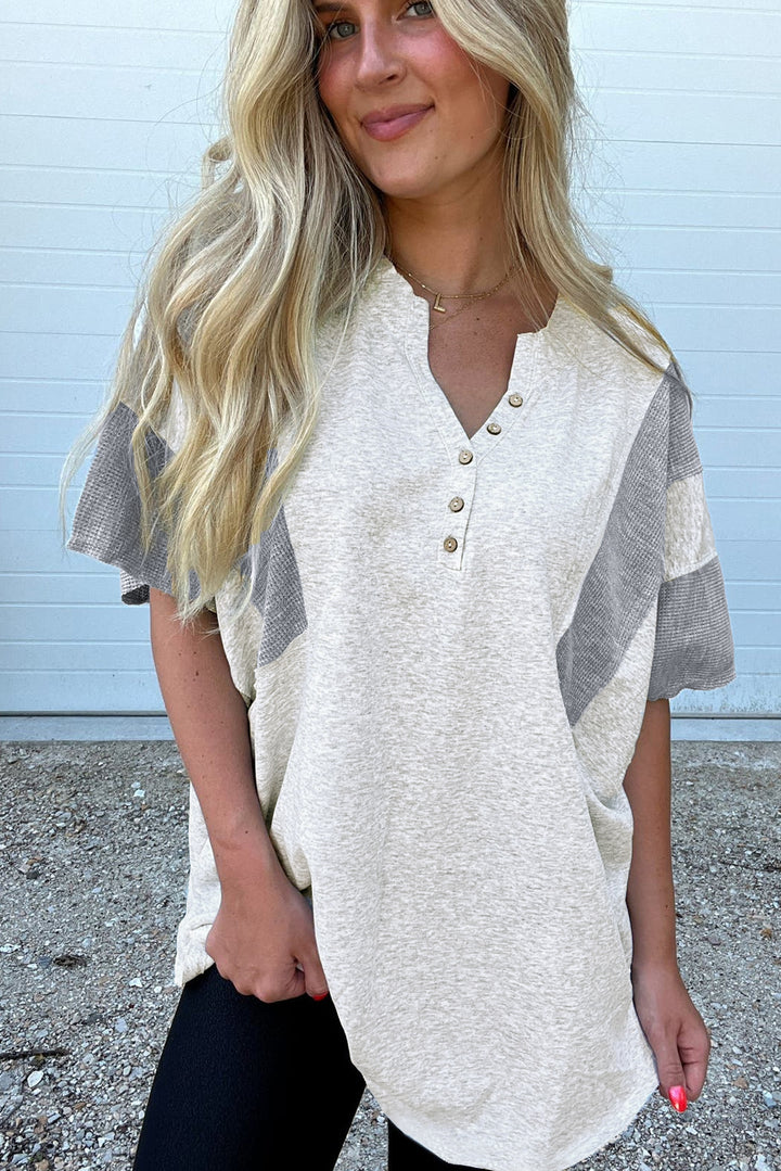 Two Tone Gray Waffle Knit Patched Buttoned V Neck Top