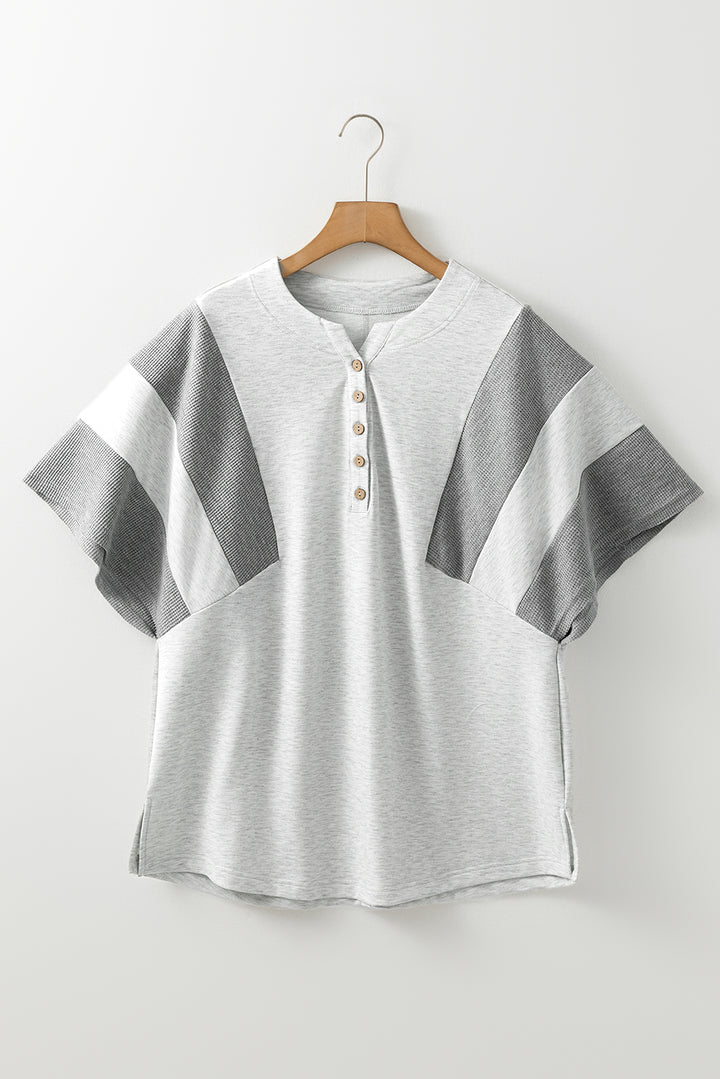 Two Tone Gray Waffle Knit Patched Buttoned V Neck Top