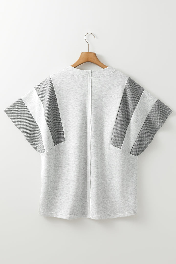 Two Tone Gray Waffle Knit Patched Buttoned V Neck Top