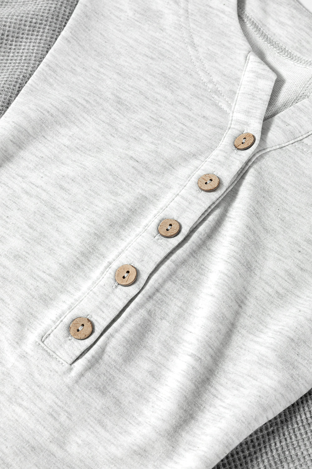 Two Tone Gray Waffle Knit Patched Buttoned V Neck Top