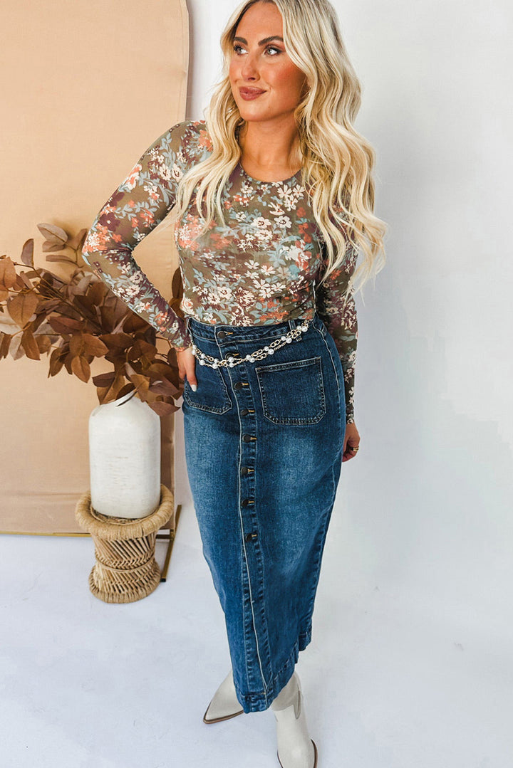 Sage Blossom Mesh Floral Fitted Blouse