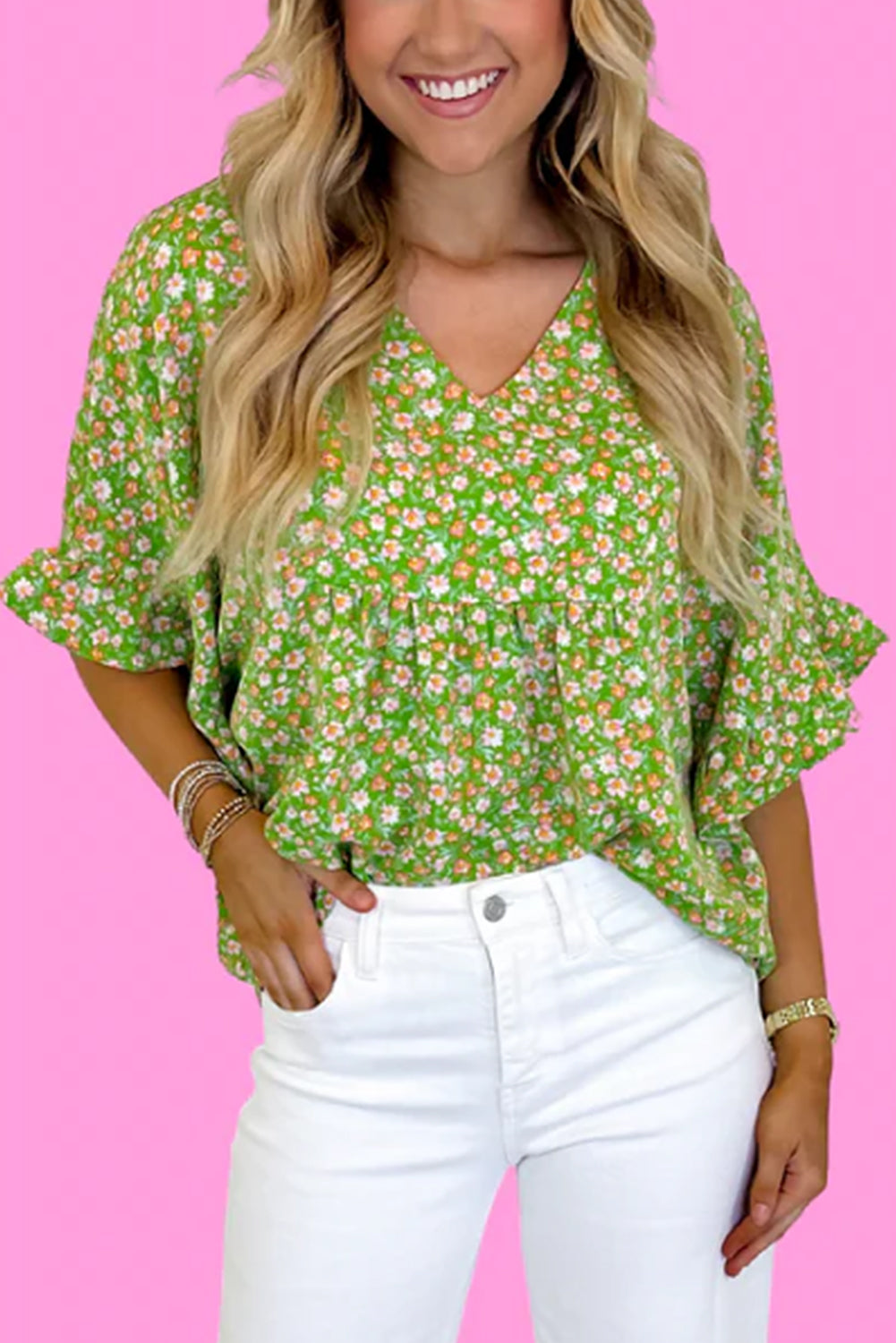 Fresh Meadow Floral Ruffle Blouse – Kelly Green