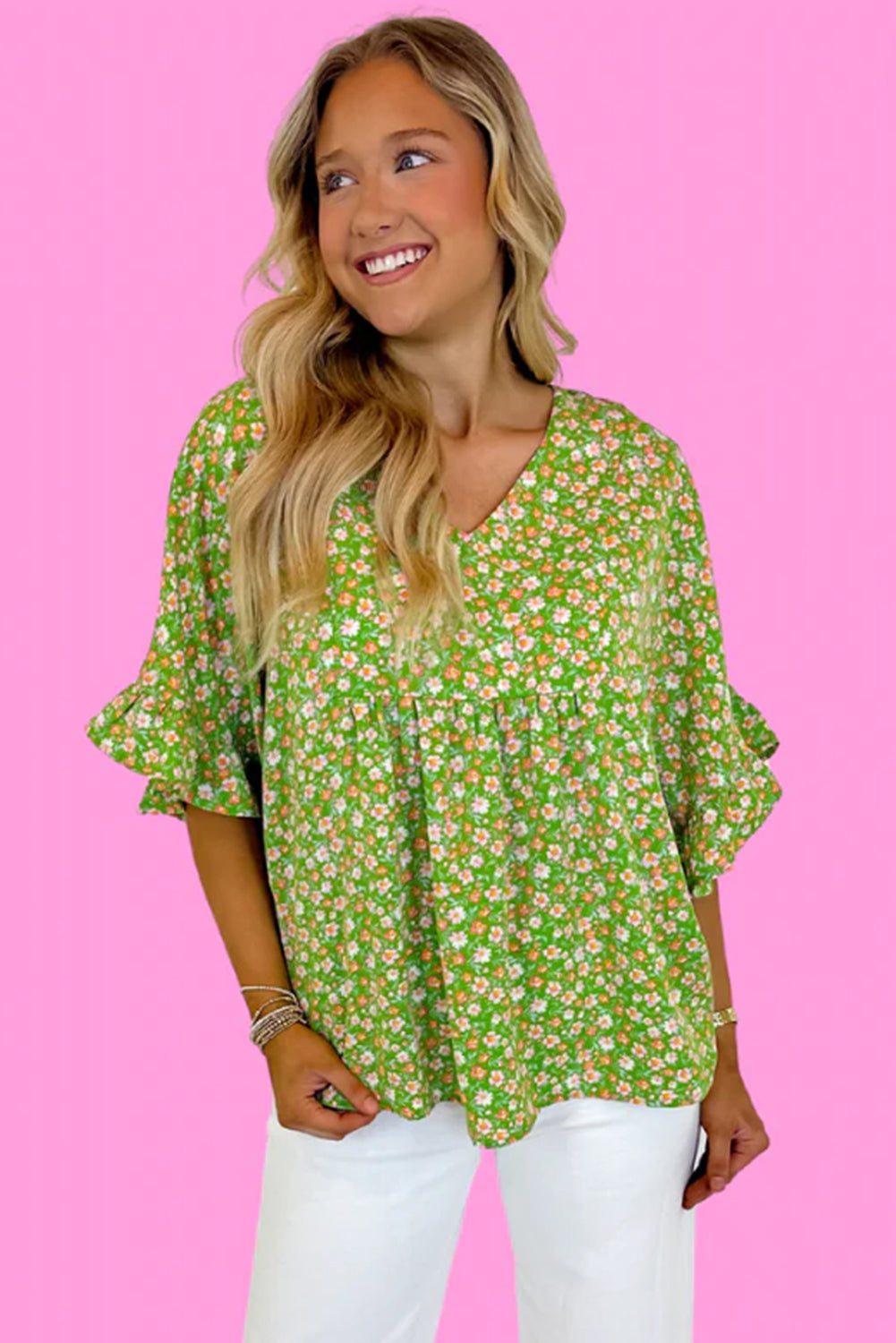 Fresh Meadow Floral Ruffle Blouse – Kelly Green