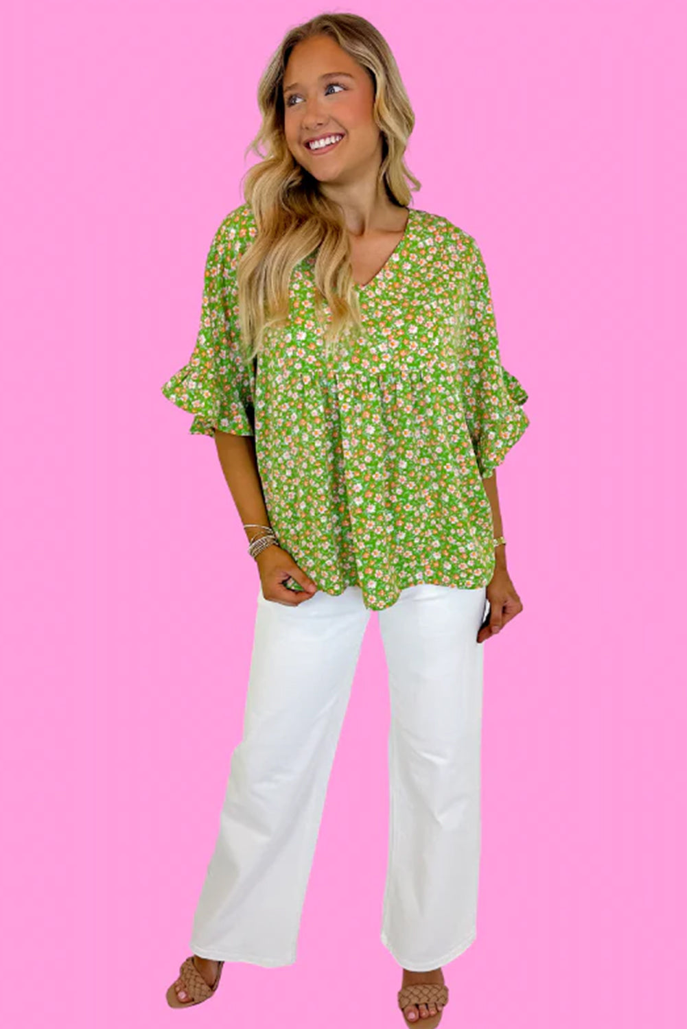 Fresh Meadow Floral Ruffle Blouse – Kelly Green